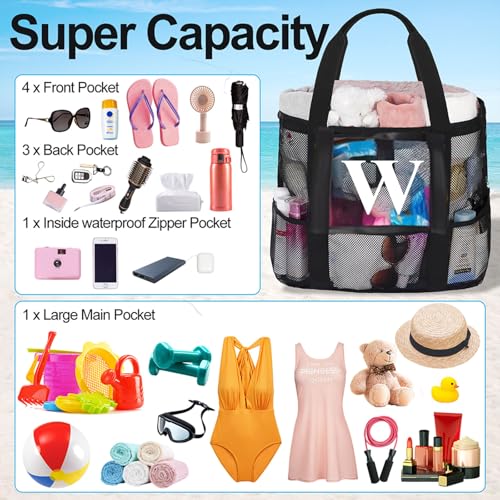 wanchel Personalized Mesh Beach Bag for Women - Waterproof Initial Tote Bag for Family Travel, Toys, Vacation Essentials