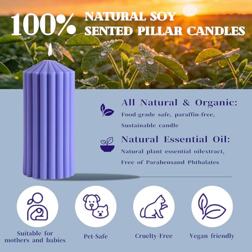 Purple Ribbed Pillar Candles Set of 3 - Lavender Scented Soy Wax Candles for Stress Relief & Sleep,Aesthetic Textured Deco...