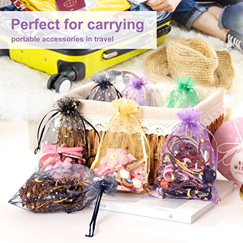 100PCS Moon Star Organza Bags, 4x6" Wedding Favors Bags with Drawstring, Mixed Color Little Mesh Candy Gift Pouches for Pa...