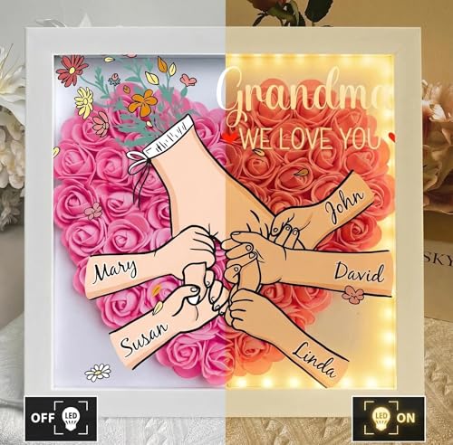 MoonSpy Personalized Flower Shadow Box for Mom Grandma Nana, Custom Family Keepsake with Names, LED Lighted Tabletop or Wa...
