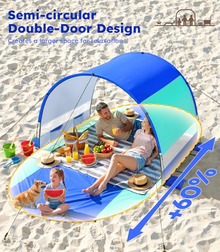 Rhino Valley Beach Tent, Beach Tent Sun Shelter with UPF50+ UV Protection, Double Doors Beach Canopy Portable Storage Bag ...
