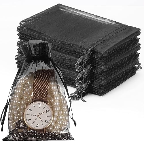 HongyiTime 100PCS Premium Sheer Organza Bags, Black Wedding Favor Bags with Drawstring, 4x6 inches Jewelry Gift Bags for P...