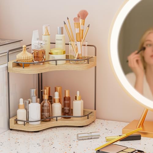 2-Tier Corner Bathroom Counter Organizer with Embedded Screw Holes, Secure & Stable Wood Vanity Shelf for Makeup and Skinc...