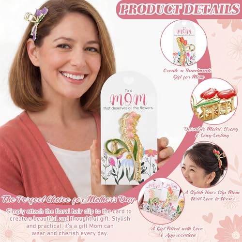 Yinkin 12 Sets Bulk Gift for Mother's Day Floral Metal Hair Clips with Thankful Greeting Cards Hair Clips for Women DIY Mo...