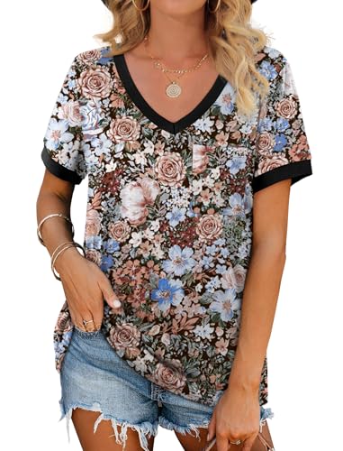 Geifa Womens T Shirts Short Sleeve V Neck Loose Casual Summer Tops 2026 with Pocket