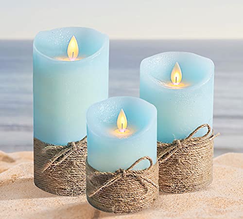 PETRISTRIKE Ocean Blue Flameless Candles, Nautical Themed Led Pillar Candles with Remote & Timer, Decorative Flickering Ca...