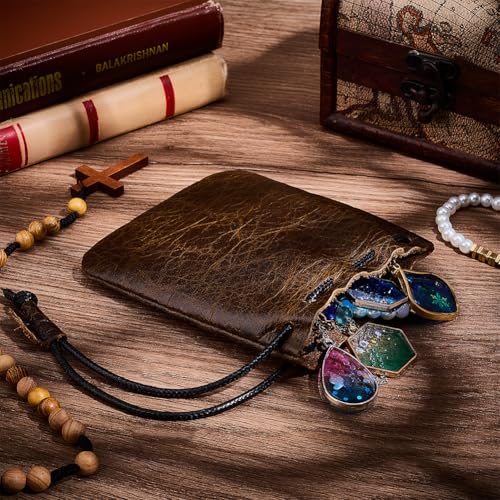 Beebeecraft Leather Drawstring Pouch Cowhide Leather Jewelry Storage Bag 4.7x3.9 Inch Coconut Brown Small Coin Dust Wallet...