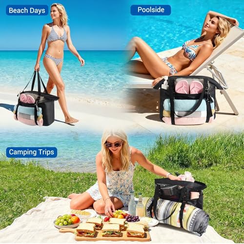 KOKKOYA 40L Large Black Mesh Beach Bag Tote with Zipper Towel Holder Sandproof Waterproof, 17" L x 8" D x 16.5" H