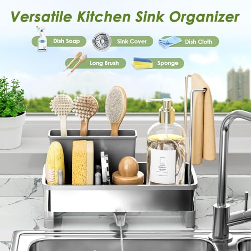 Ewaiira Stainless Steel Sink Caddy, Sponge Holder for Kitchen Sink with Brush Holder Dishcloth Rack, Rustproof Sink Organi...
