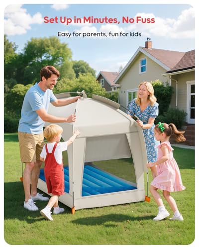 QPAU Inflatable Toddler Travel Bed with Tent – Lightweight Blow Up Kids Air Mattress with Hand Pump – Indoor & Outdoor Por...