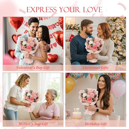 Flowers for Delivery Prime Preserved Flowers Bouquet with Vase That Last 3-5 Years Real Forever Flowers Pink Rose Bouquet ...