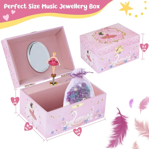 Taduoduo Girls' Musical Jewelry Box Organizer with Jewelry Set - glittering pink Spinning Ballerina Theme, Swan Lake Tune...