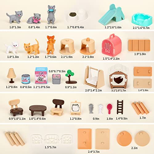TQQFUN 43-Piece Cat Figurine Playset - Realistic Pet Care Center Role Play Toys for Kids, Toddlers, Boys and Girls