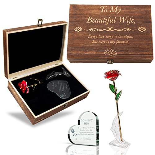 GreenCor Anniversary for Wife Engraved Wooden Gift Set 'To My Beautiful Wife' Includes Crystal Engraved Heart 24K Gold Dip...
