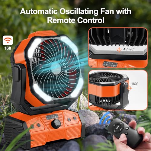 Odoland 40000mAh Camping Fan with LED Light, Battery Operated Oscillating Desk Fan with Remote & Hook, Rechargeable Outdoo...