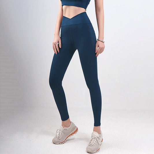 Cross High Waist Yoga Pants Peach Hip Raise Slim Fit With Pocket Style
