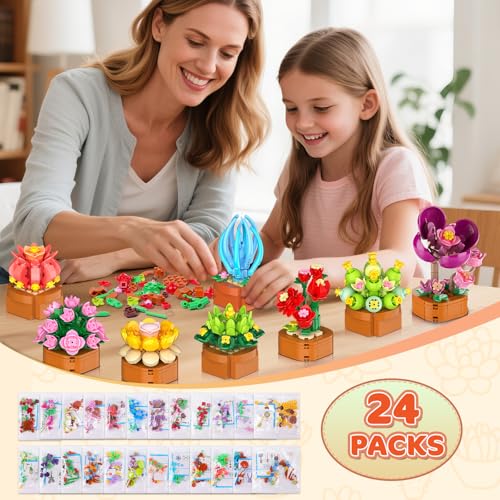 CUBIMANA 24 Pack Mothers Day Flowers Succulents Building Set - 2160PCS Botanical Collection 3.6MM Mini Flower Kit for Home...