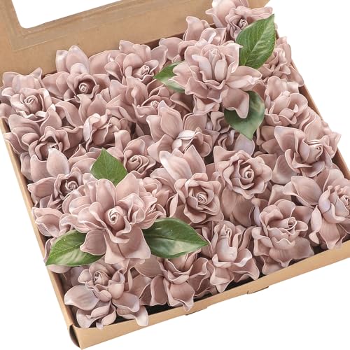 Floroom Artificial Gardenia Flowers 2.7" 25pcs Real Looking Dusty Rose Foam Fake Flowers with Stems for DIY Wedding Bouque...
