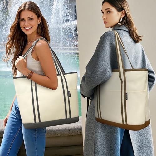 QYEPYUE Large Canvas Tote Bag for Women, Beach Bag with Zipper, Utility Tote Bag with 3 Front Pockets, Weekender Pool Bag