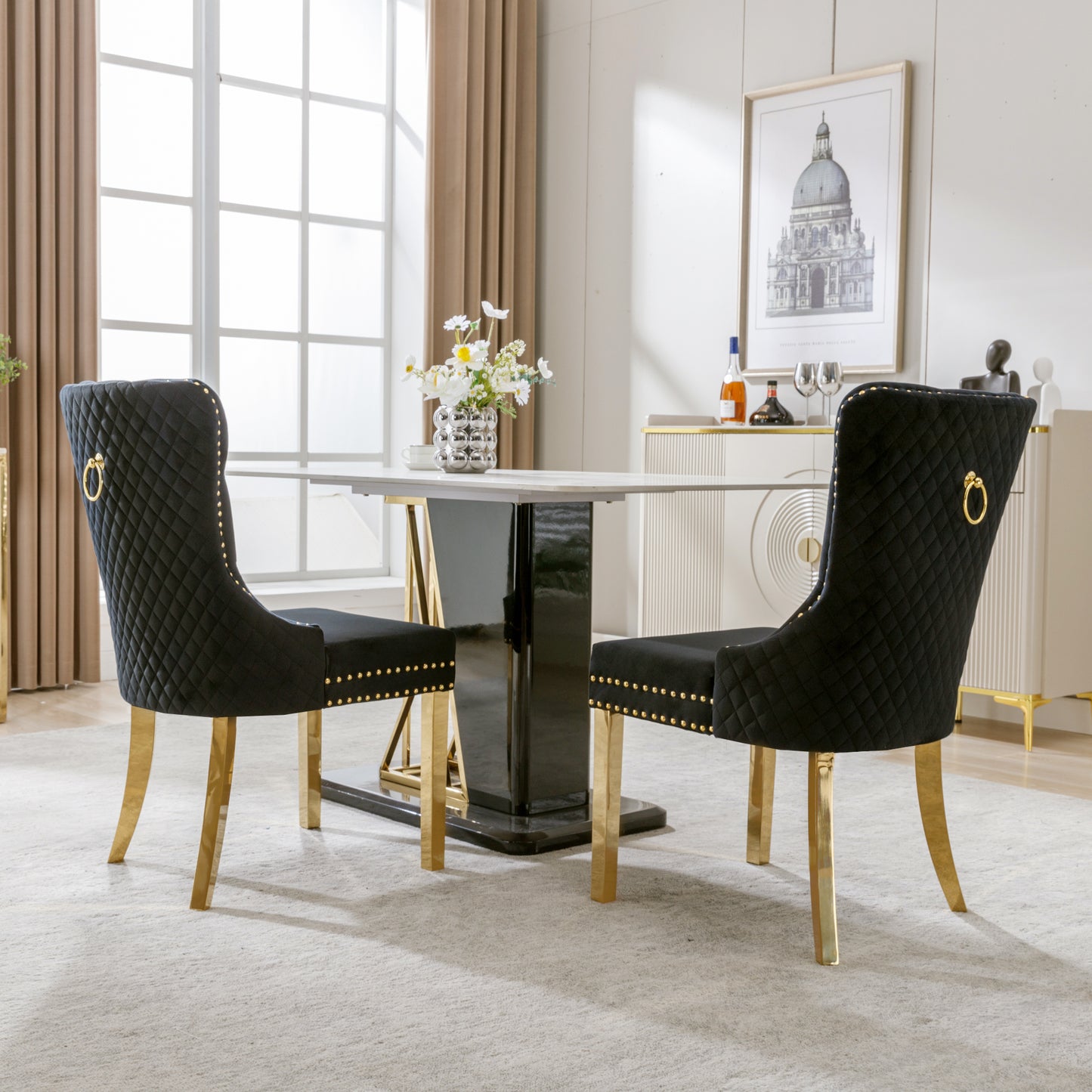 Dining Chair Kitchen Chair Living Room Chair With Unique Round Pull Rings On The Back, 2 Pcs, Upholstered Chair With Nailhead Trim, Gold Plated Stainless Steel Support Legs, Velvet, Black Gold