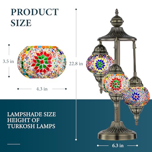 Marrakech Turkish Lamp 3 Globes Moroccan Table Lamp with Bronze Base, 23" Tall Handmade Colorful Tiffany Mosaic Glass Nigh...