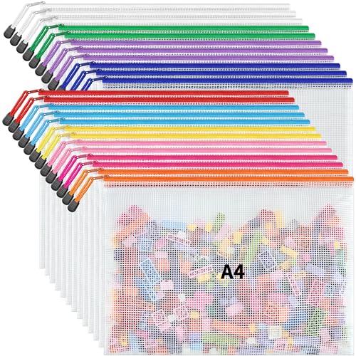 JARLINK A4 Letter Size 24 Pack 10 Colors Zipper Mesh Document Pouch, Mesh Bags for Board Games & Puzzles, Waterproof Docum...