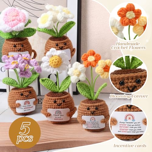 Geelin 6 Sets Positive Teacher Appreciation Gift Mini Crochet Flower Potted Doll with Card Emotional Rose Daisy Support Th...