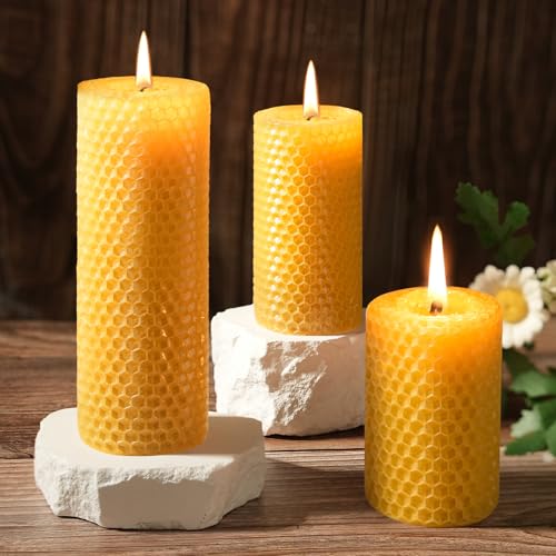 Pure Beeswax Pillar Candles,3 Pack Hand-Rolled Natural Beeswax Candles(1.77x3in,2x4in,2x6in) 60 Hours Burning Unscented Be...