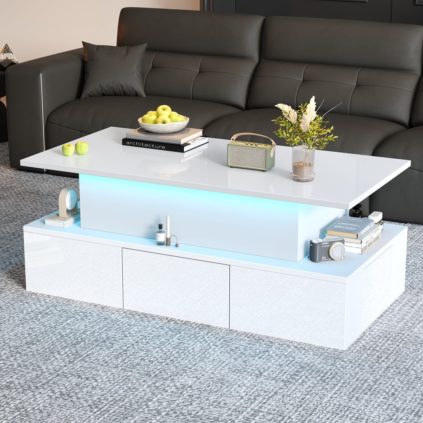 Liftable Coffee Table With 4 Drawers, High-gloss Side Table With LED Lighting, Sofa Table, Coffee Table, Living Room Table With Hidden Storage, White, MDF