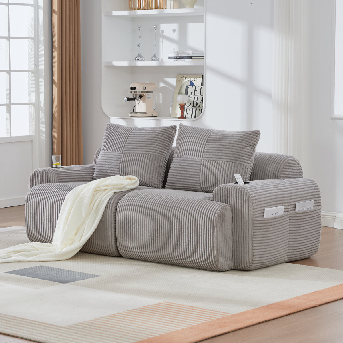 Modular 2-Seater Corduroy Sofa, Freely Configurable And Vacuum-packed, Featuring Built-in Cup Holders And Side Storage Pockets. Ideal For Living Rooms, Family Rooms, And Other Spaces. Light Gray.