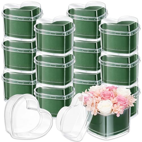FunooFuno 12 Pcs Mother's Day Heart Shaped Plastic Boxes 2.95" x 2.95" Flower Box with Lids Floral Foam Mini Clear Heart C...