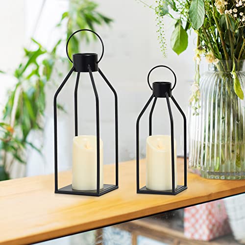 HPC Decor Modern Farmhouse Lanterrn Decor- Black Metal Candle for Summer Night- Lanterns w/Timer Flickering Candles for Li...