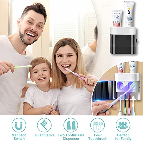 GFWARE Toothbrush Holder Toothpaste Dispenser Wall Mounted with Cover, 4 Slots Tooth Brush Storage Organizer with Automati...