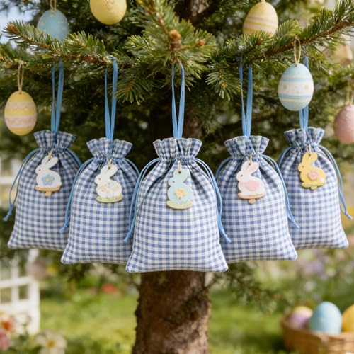 Meseey 5 Pcs Buffalo Plaid Burlap Gift Bags with Drawstring (6Wx8L, Blue-White Plaid) Reusable Gingham Sacks Gift Pouch Ba...