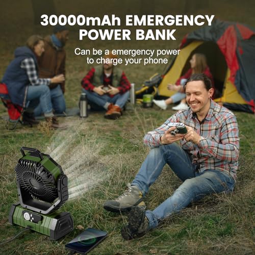 Odoland 30000mAh Camping Fan with LED Lantern, Rechargeable Battery Operated Oscillating Fan with Remote & Hook, Portable ...