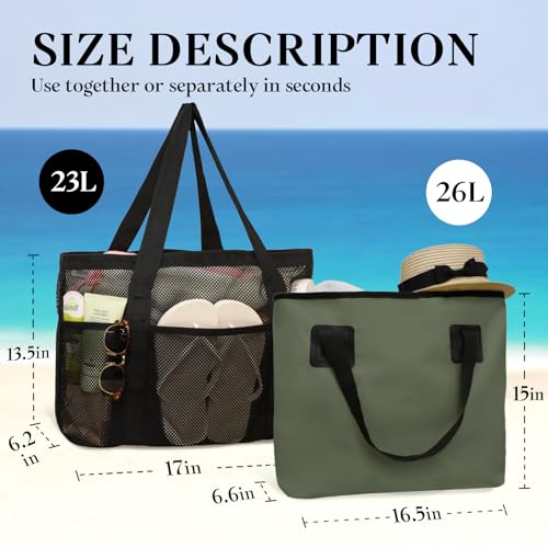 miss fong Mesh Beach Bag - Beach Bags for Women Pool Bag Swim Bag – 2-in-1 Waterproof Beach Tote Bag Wet/Dry Separation