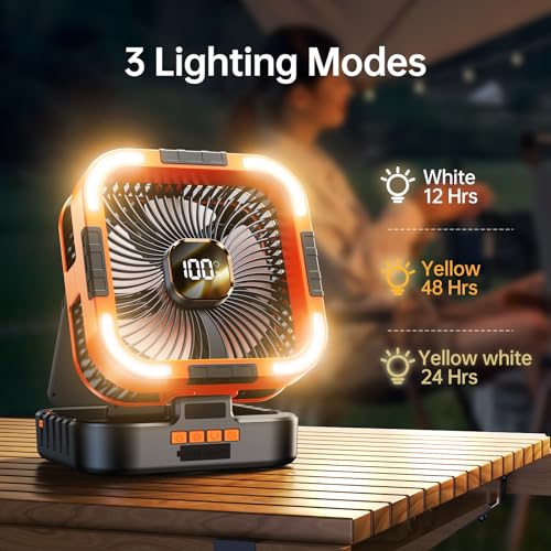 KIMMOO Solar Camping Fan with Light-10000mAh Rechargeable Portable, 6 Speeds, Digital Display, Timer, 120° Oscillation, Co...