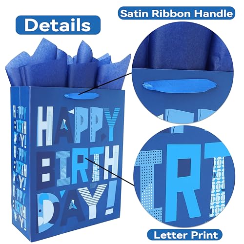 wishinside 16.5” Extra Large Blue Gift Bags Set with Greeting Card and Tissue Papers (Blue Happy Birthday) for Men's Birth...
