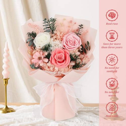 Flowers for Delivery Prime Preserved Flowers Bouquet with Vase That Last 3-5 Years Real Forever Flowers Pink Rose Bouquet ...