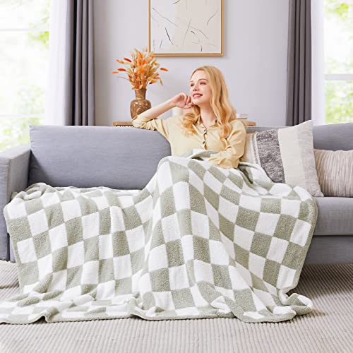 WRENSONGE Checkered Throw Blanket, Sage Green Soft Cozy Fluffy Hand Made Throw Blankets for Couch, Sofa, Chair, Bed, Campi...