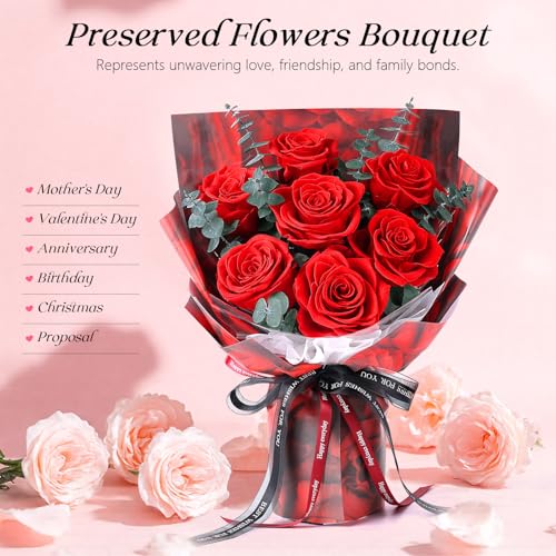 Preserved Flowers Bouquet 7 Roses - Red Real Rose & Flowers for Delivery, Eternal Roses Bouquet with Gift Box, Mothers Day...