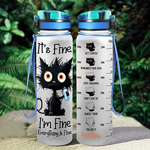 34HD Crazy Cat Water Bottle 32 oz Tritan Plastic, Its Fine Everything Is Fine Water Bottle, Funny Birthday Mothers Day Hal...