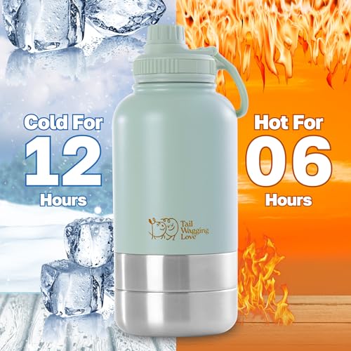 Tail Wagging Love 32oz 3-in-1 Portable Travel Water Bottle, Food & Hydration Bottle - Dual Use for Humans & Pets with Deta...