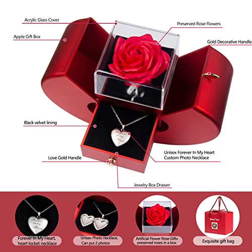 Preserved Real Rose with Forever in My Heart Locket Necklace Custom 2 Photos Cherish These Personalized Red Apple Surprise...