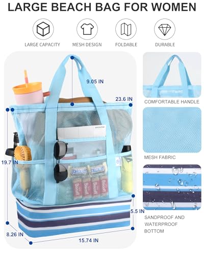 Genteen Sandproof Mesh Beach Bag with Detachable Cooler, Waterproof Zipper Tote Bag for Women Swim Pool Vacation Travel