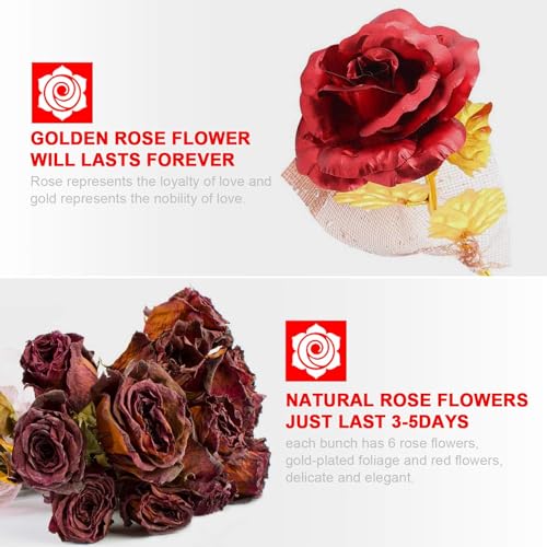 FonteeUS 9Pcs Gold Rose Flower Bouquet, Gold Foil Artificial Rose Bouquet with Gift Box, Romantic Present for Her on Valen...