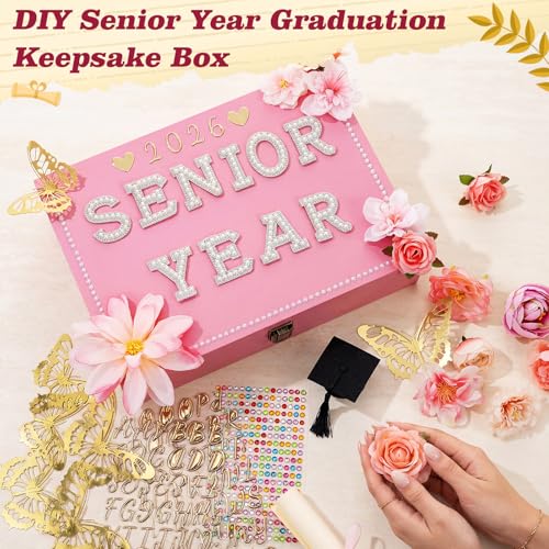 Yousoontic 50 Pcs DIY 2026 Senior Year Graduation Keepsake Box Decoration Kit, Memory Wooden Box Faux Flower 3D Butterfly ...