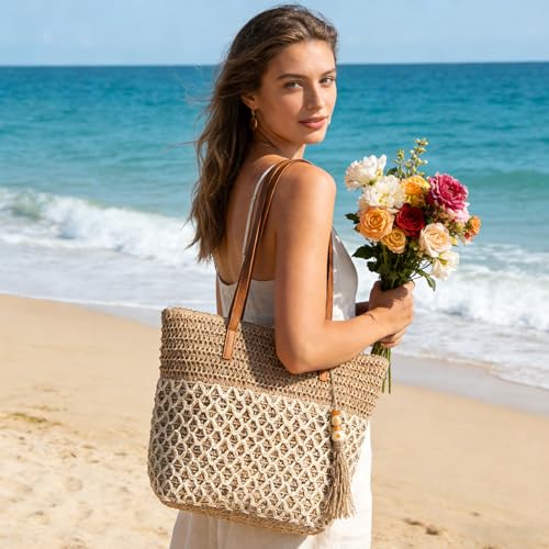 iSamzan Straw Tote Bag for Women: Handwoven Beach Purse with Cutout Design for Travel & Pool Day | Lightweight, Shopping, ...