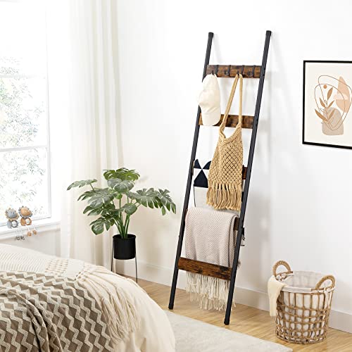 HOOBRO Blanket Ladder, 5-Tier Towel Rack with Hooks, Wall-Leaning Blanket Rack, Decorative Display Ladder Shelf, for Scarv...