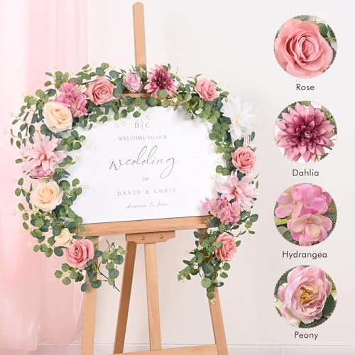 Waipfaru Flower Garland Decorations, 6.07Ft Pink Floral Rose Garland, Artificial Eucalyptus Greenery Vines with Flowers fo...